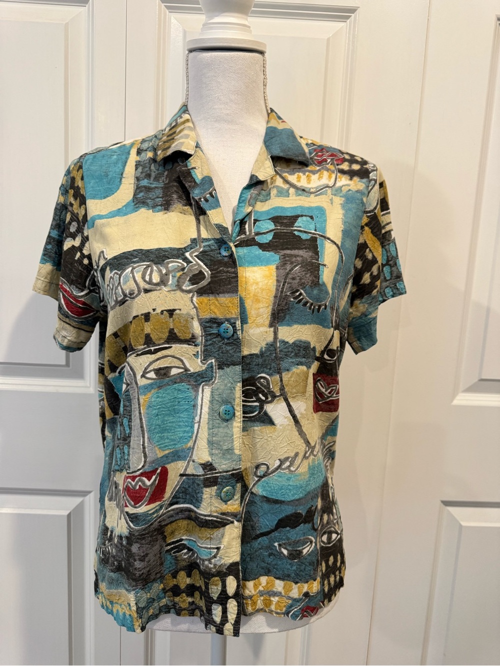 Vintage Jams World Visage Abstract Face Rayon Camp Shirt Men's S